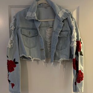 Distressed Light Blue Jean Jacket with Red Floral Accents
